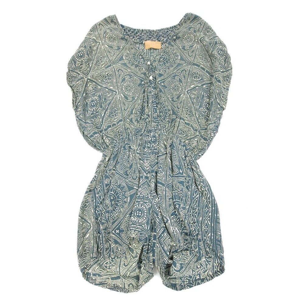 CLEOBELLA Macrame Oversized Button Down Romper Green Western Boho Print Small